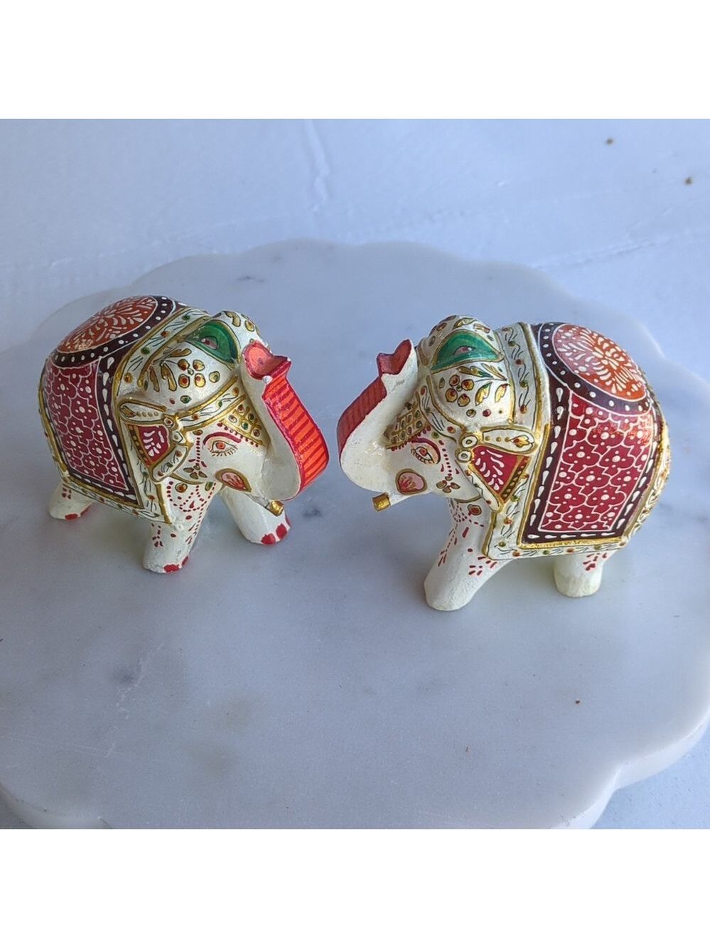 Elephants Hand‎ Carved Painted Ceramic Stone Small, Set Of 2
